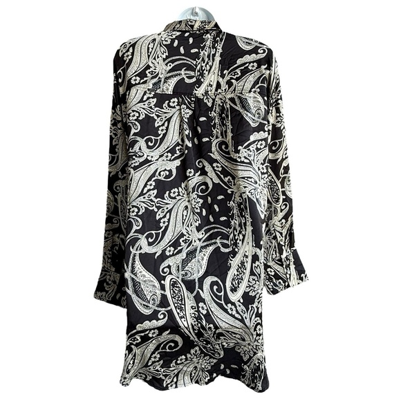 ACOA Black Paisley Tunic Top Women's Size L Long Sleeve Button-Up Blouse - Picture 2 of 4
